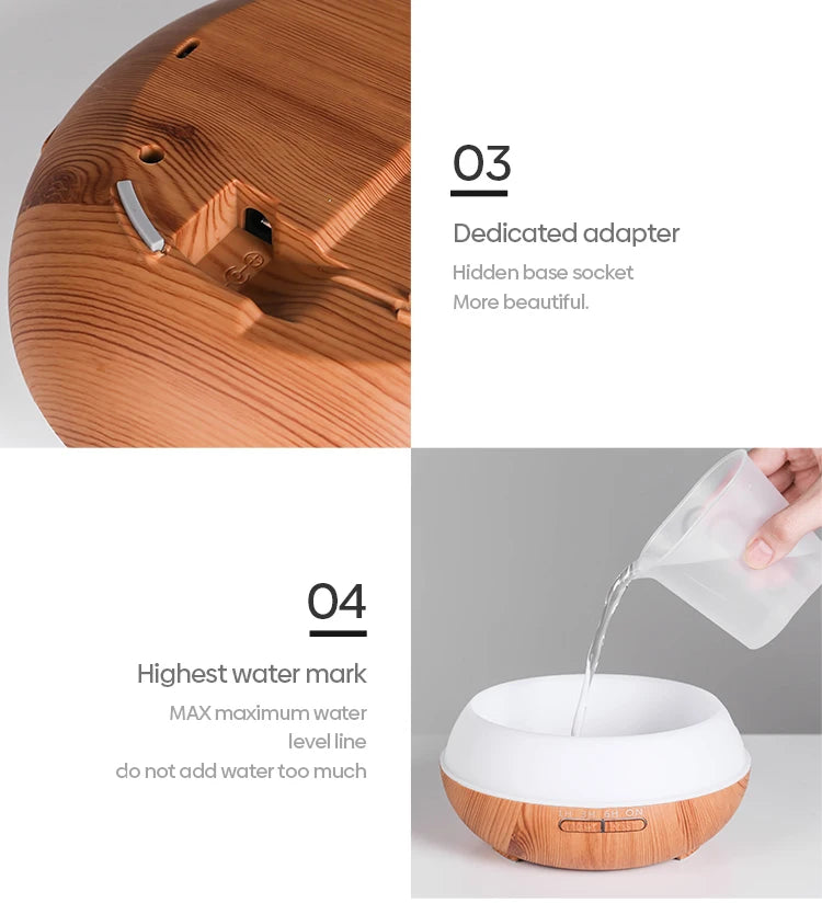 Wood Grain Aroma Diffuser & Humidifier – 500ml with 7 Color LED & Remote Control