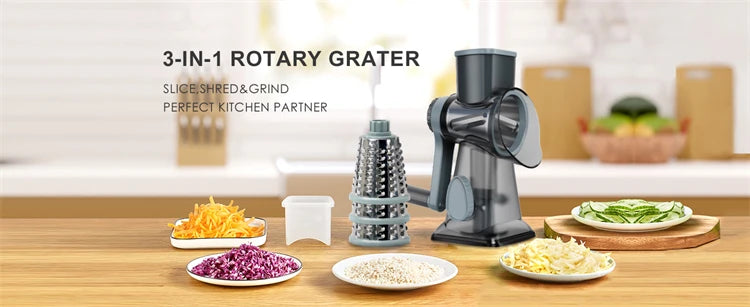 3-in-1 Rotary Cheese Grater & Vegetable Slicer – Manual Grinder & Shredder