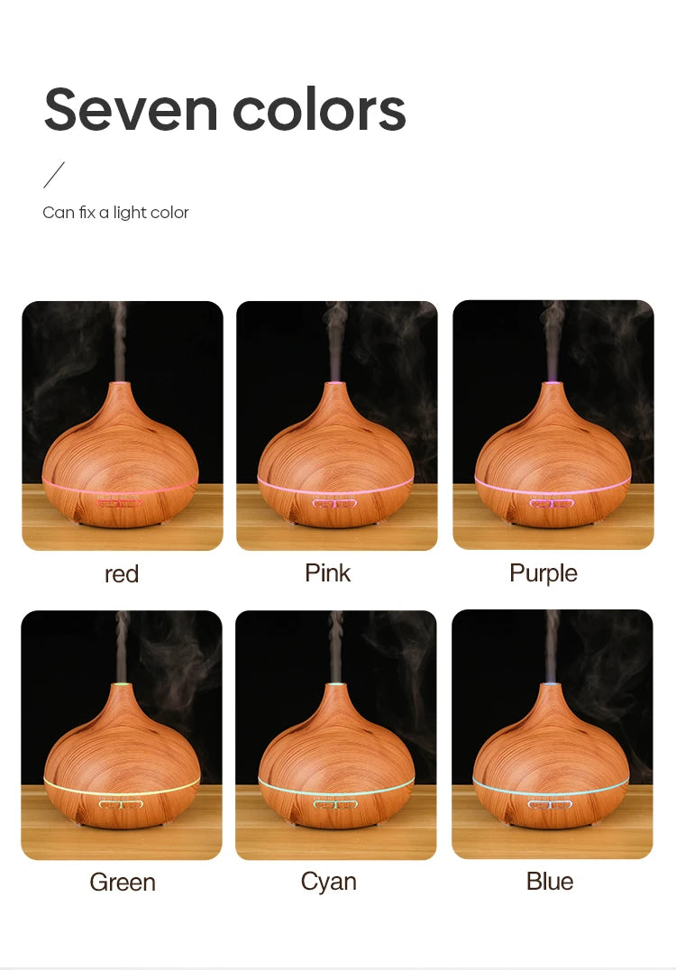 Wood Grain Aroma Diffuser & Humidifier – 500ml with 7 Color LED & Remote Control