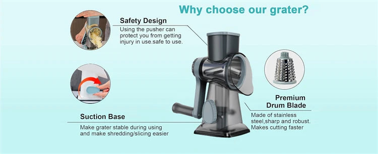 3-in-1 Rotary Cheese Grater & Vegetable Slicer – Manual Grinder & Shredder