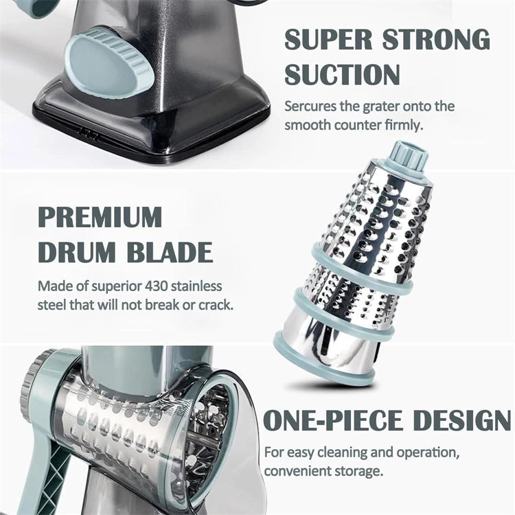 3-in-1 Rotary Cheese Grater & Vegetable Slicer – Manual Grinder & Shredder