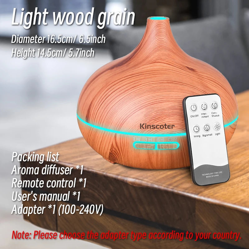 Wood Grain Aroma Diffuser & Humidifier – 500ml with 7 Color LED & Remote Control