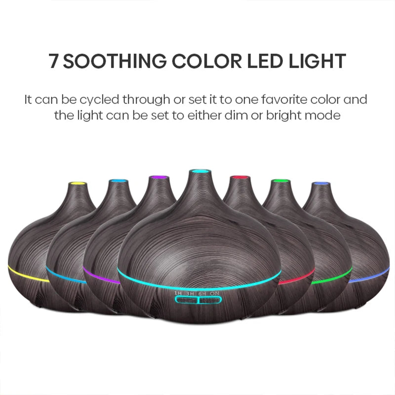 Wood Grain Aroma Diffuser & Humidifier – 500ml with 7 Color LED & Remote Control
