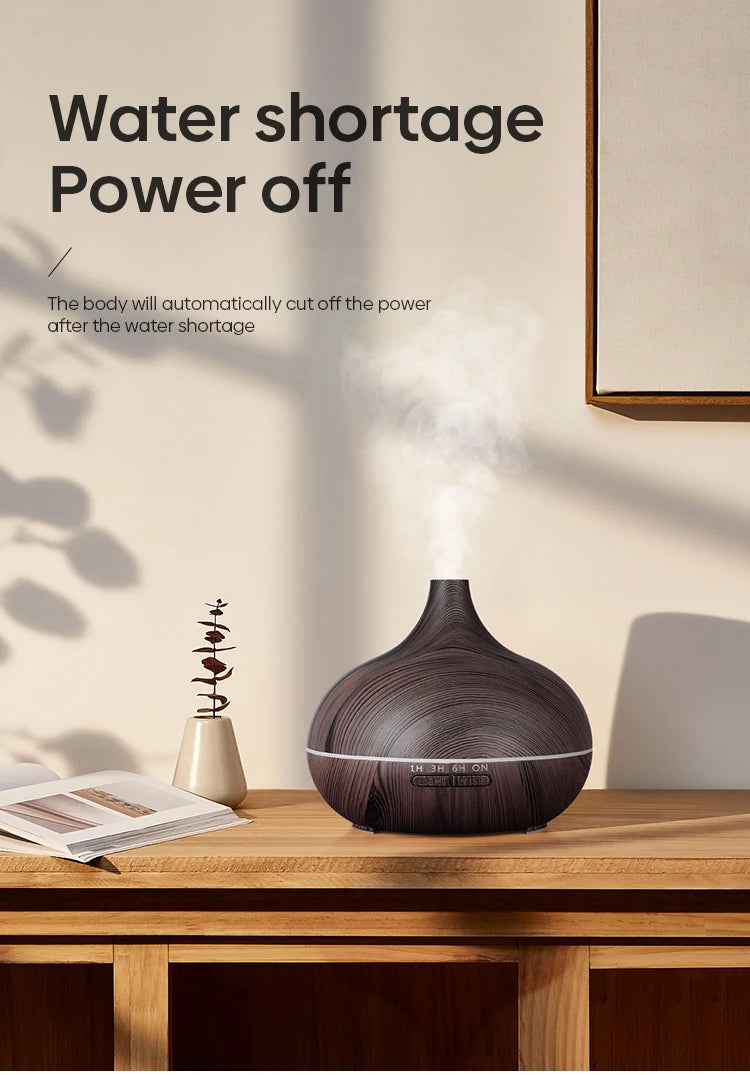 Wood Grain Aroma Diffuser & Humidifier – 500ml with 7 Color LED & Remote Control