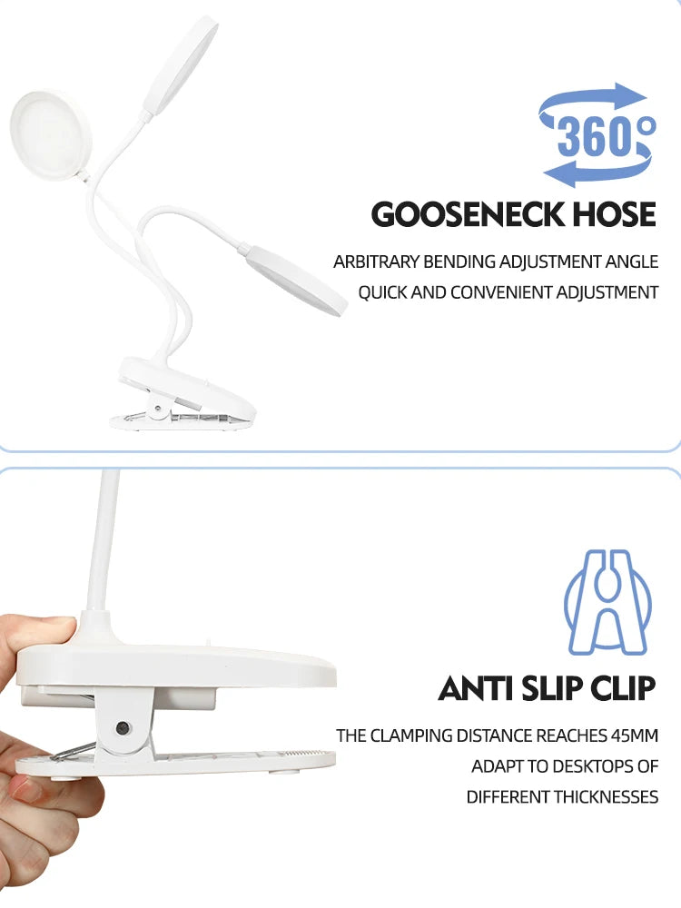 Clip-On LED Desk Lamp – 3 Colour Modes, Dimmable & USB Rechargeable