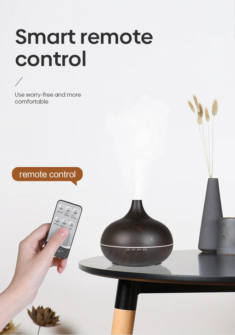 Wood Grain Aroma Diffuser & Humidifier – 500ml with 7 Color LED & Remote Control