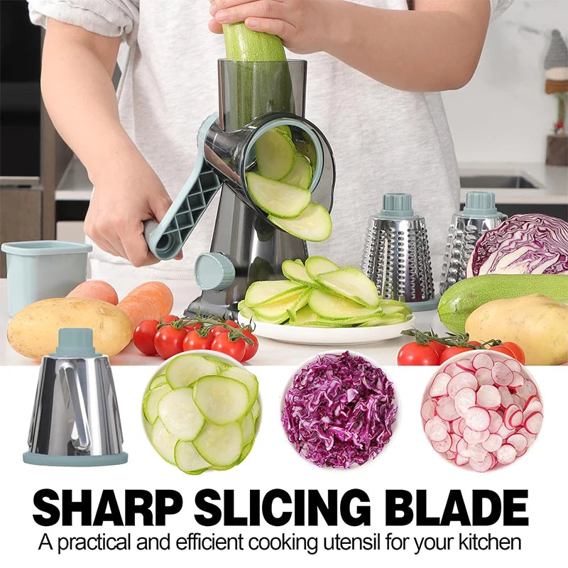 3-in-1 Rotary Cheese Grater & Vegetable Slicer – Manual Grinder & Shredder