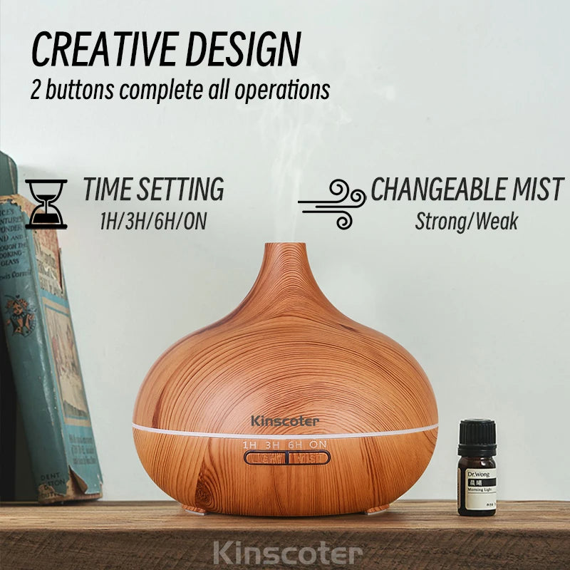 Wood Grain Aroma Diffuser & Humidifier – 500ml with 7 Color LED & Remote Control