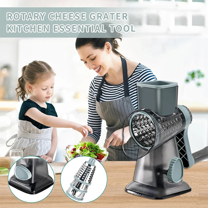 3-in-1 Rotary Cheese Grater & Vegetable Slicer – Manual Grinder & Shredder