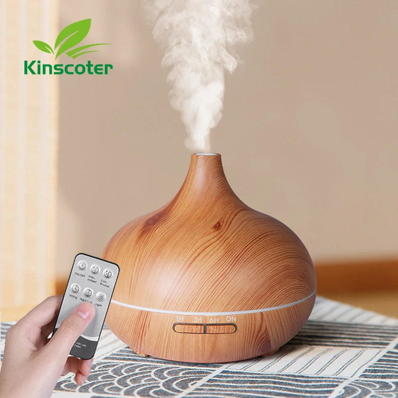 Wood Grain Aroma Diffuser & Humidifier – 500ml with 7 Color LED & Remote Control