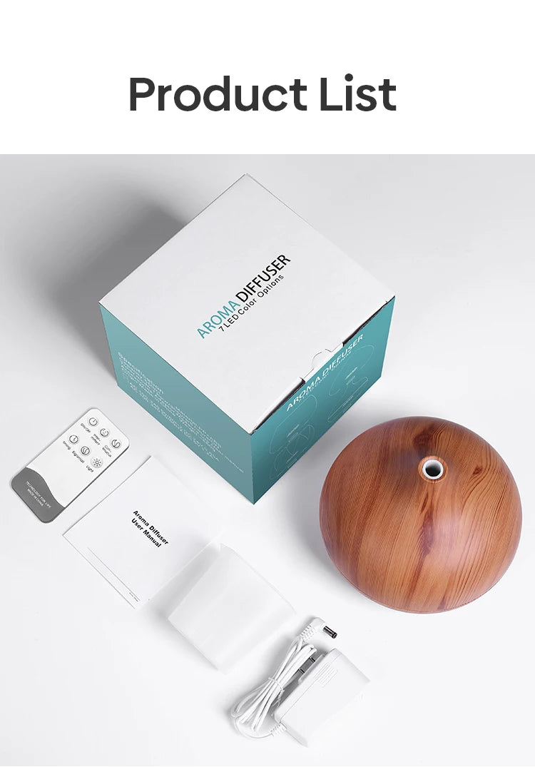 Wood Grain Aroma Diffuser & Humidifier – 500ml with 7 Color LED & Remote Control