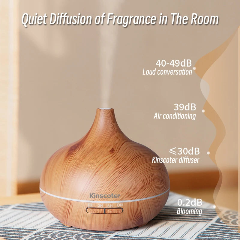 Wood Grain Aroma Diffuser & Humidifier – 500ml with 7 Color LED & Remote Control
