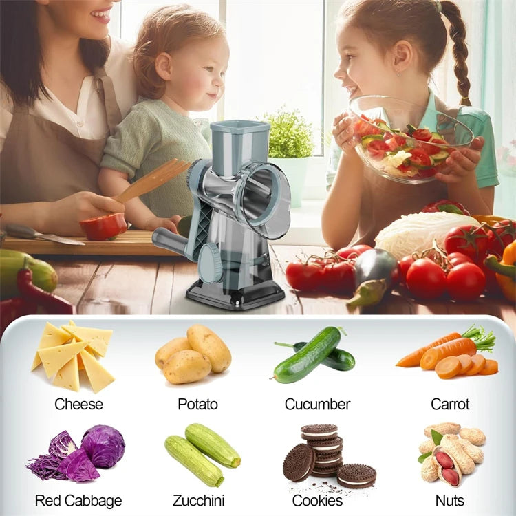 3-in-1 Rotary Cheese Grater & Vegetable Slicer – Manual Grinder & Shredder