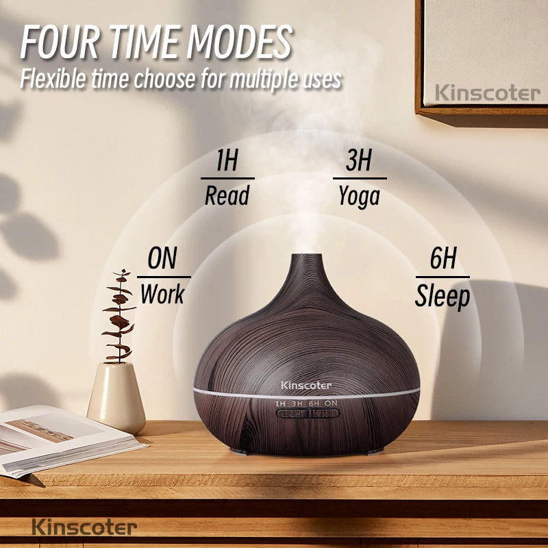 Wood Grain Aroma Diffuser & Humidifier – 500ml with 7 Color LED & Remote Control