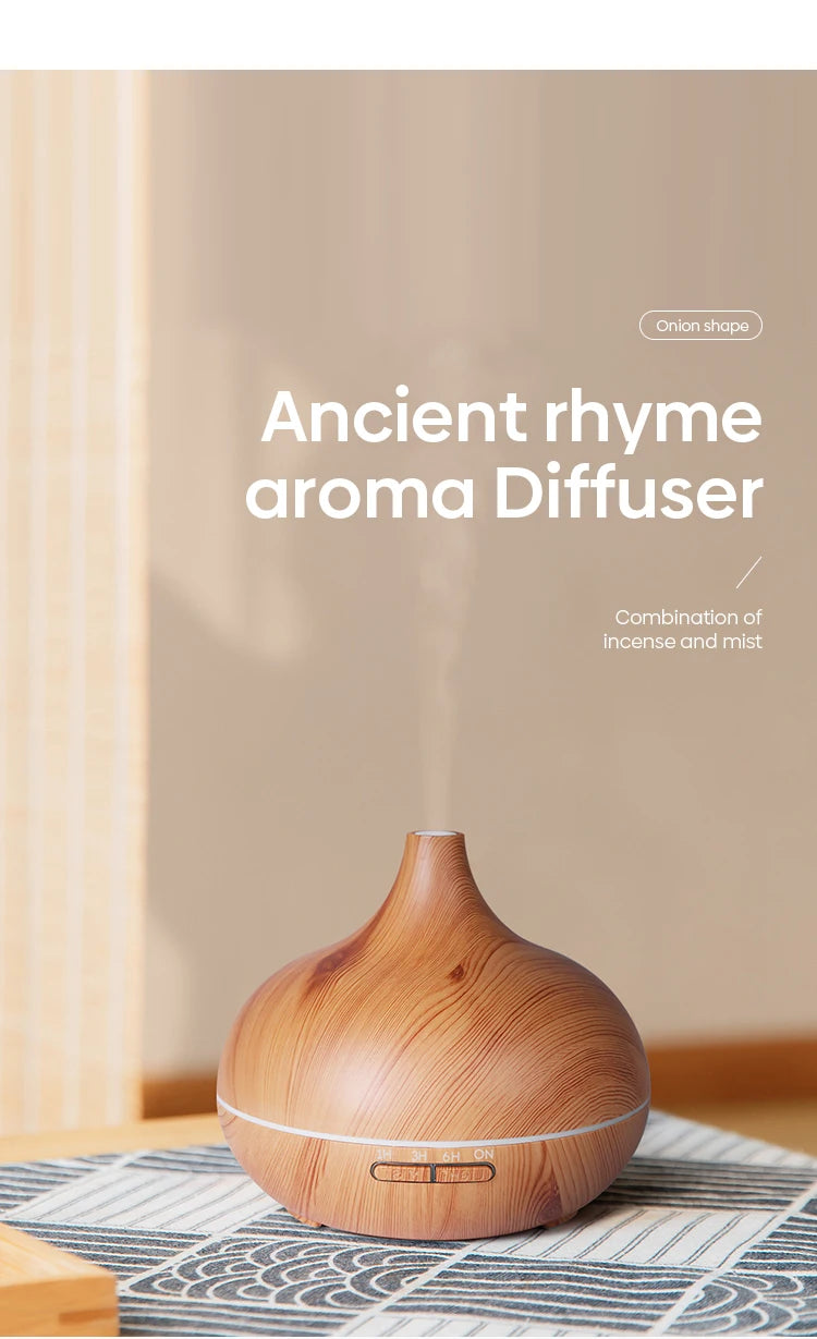 Wood Grain Aroma Diffuser & Humidifier – 500ml with 7 Color LED & Remote Control