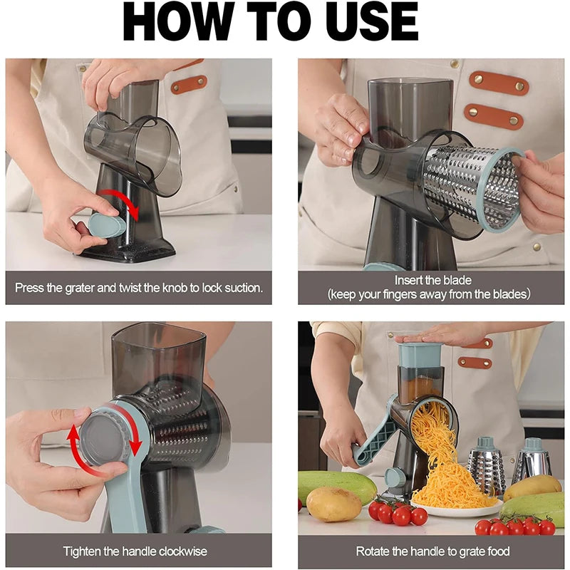 3-in-1 Rotary Cheese Grater & Vegetable Slicer – Manual Grinder & Shredder