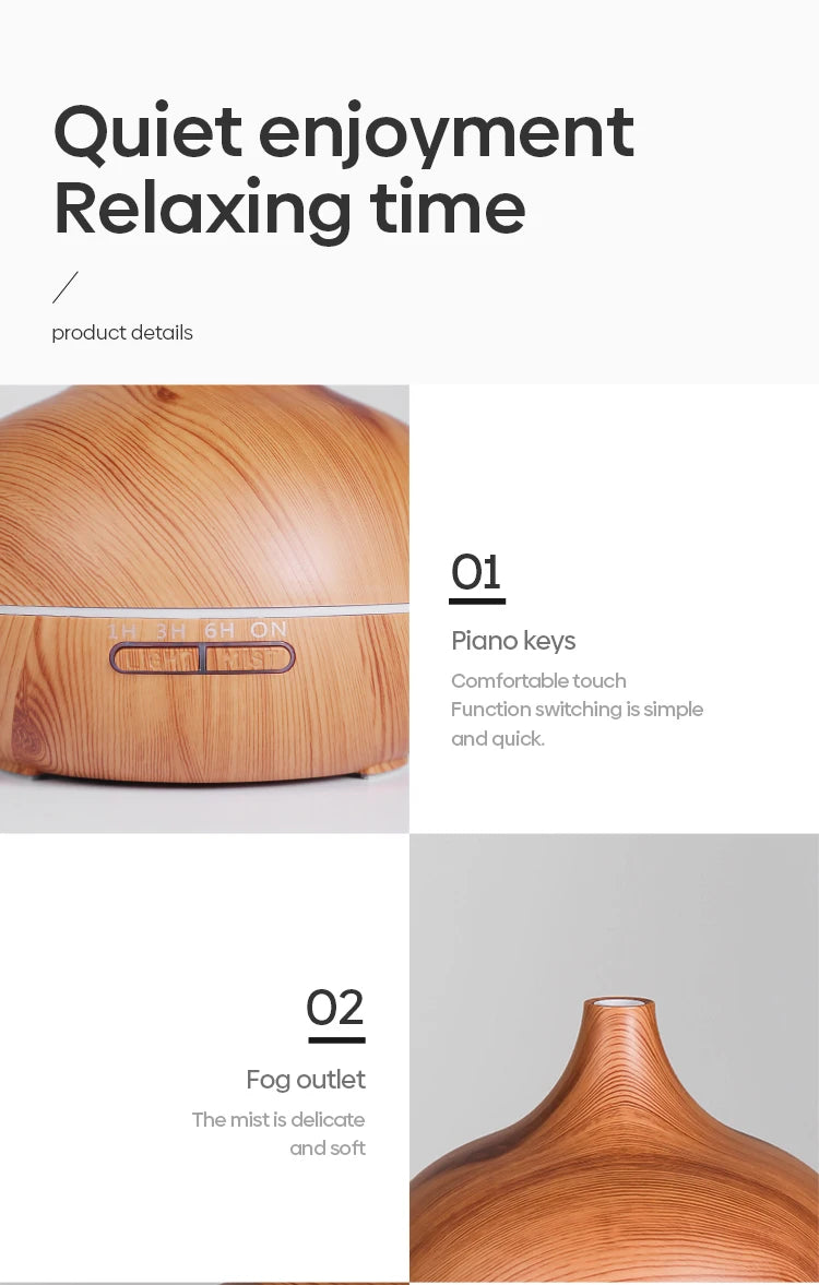 Wood Grain Aroma Diffuser & Humidifier – 500ml with 7 Color LED & Remote Control