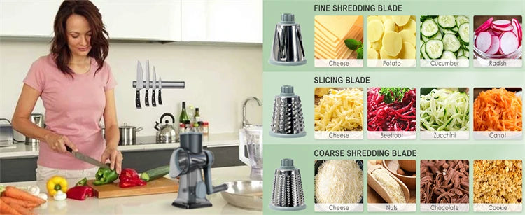3-in-1 Rotary Cheese Grater & Vegetable Slicer – Manual Grinder & Shredder