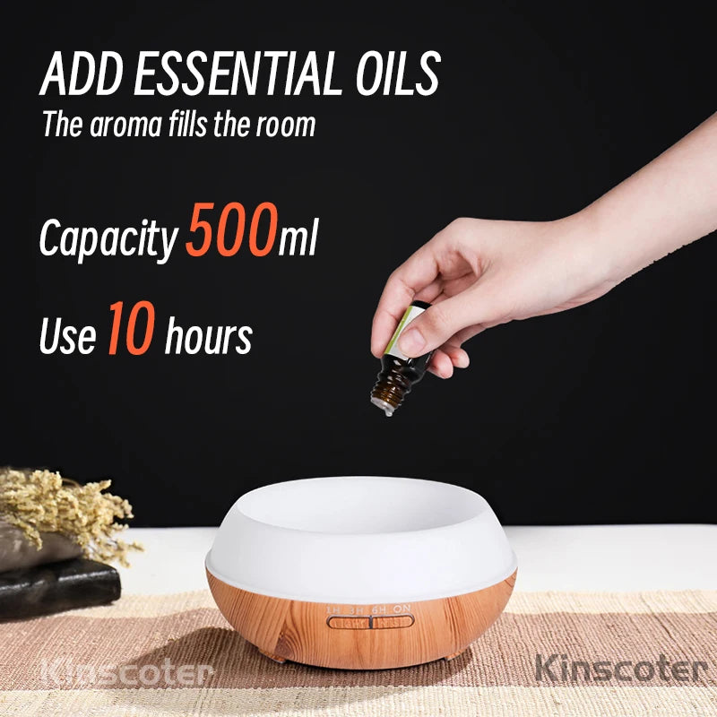 Wood Grain Aroma Diffuser & Humidifier – 500ml with 7 Color LED & Remote Control