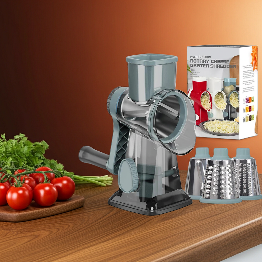 3-in-1 Rotary Cheese Grater & Vegetable Slicer – Manual Grinder & Shredder